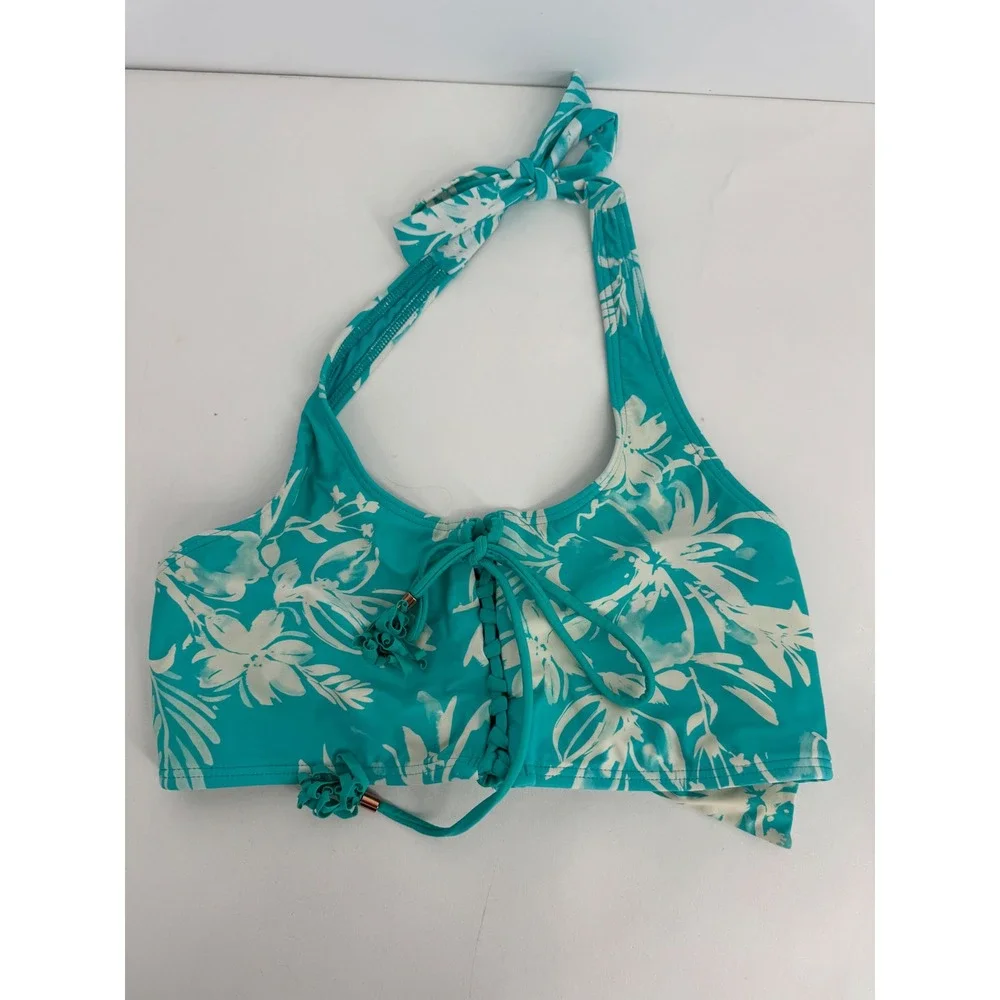 Swim Systems Sz 38D Teal White Floral Halter Bikini Top Lace Up Tassel Swimwear